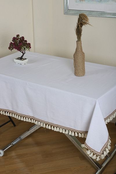 NDC HOME White Cotton Linen Stripe Pompom Tablecloth