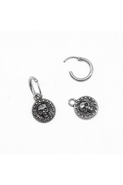 Viking Skull Madalyon Sallantılı Halka Gotik Geçirmeli 316L Çelik Küpe