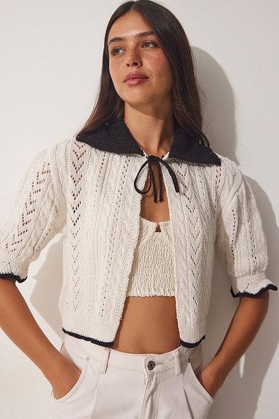 Happiness İstanbul Dámský krémově černý prolamovaný letní úplet Bolero Cardigan MC00194