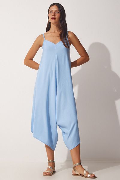 Happiness İstanbul Women's Sky Blue Strappy Oversize Flowing Baggy Jumpsuit ZH00031