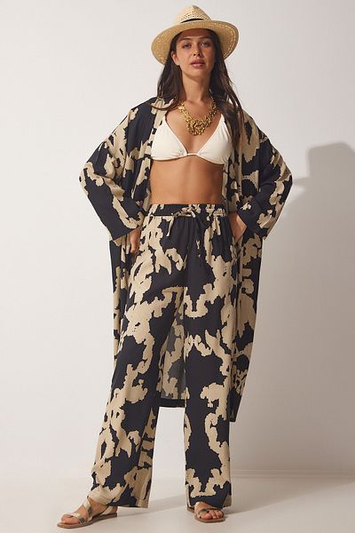 Happiness İstanbul Schwarz-beige gemustertes Viskose-Kimono-Palazzo-Hosenset für Damen CI00086
