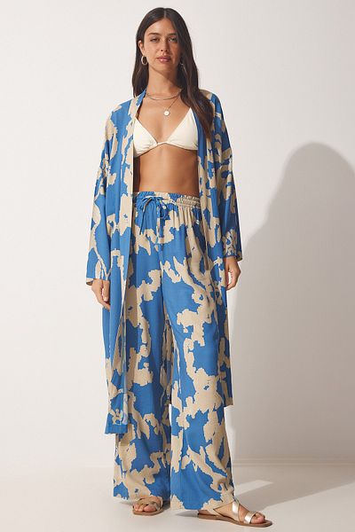 Happiness İstanbul Blau-beige gemustertes Viskose-Kimono-Palazzo-Hosenset für Damen CI00086