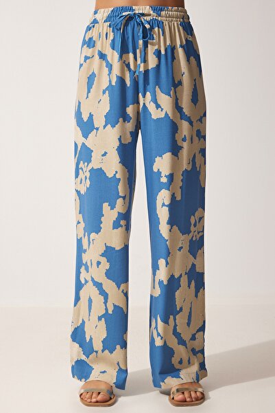 Happiness İstanbul Blau-beige gemustertes Viskose-Kimono-Palazzo-Hosenset für Damen CI00086