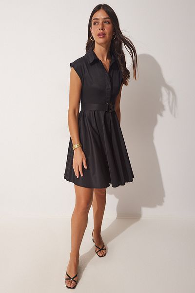 Happiness İstanbul Women's Black Belted Summer A-Line Dress FN03060