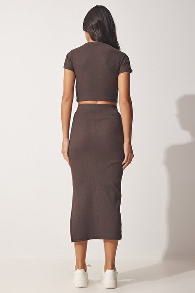 Happiness İstanbul Női barna nyári Saran kötöttáru kötött blúz szoknya szett MW00123