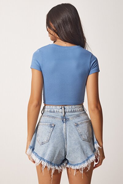 Happiness İstanbul Women's Blue Bitter Brown 2-Piece V-Neck Summer Knitted Crop T-Shirt CE00082