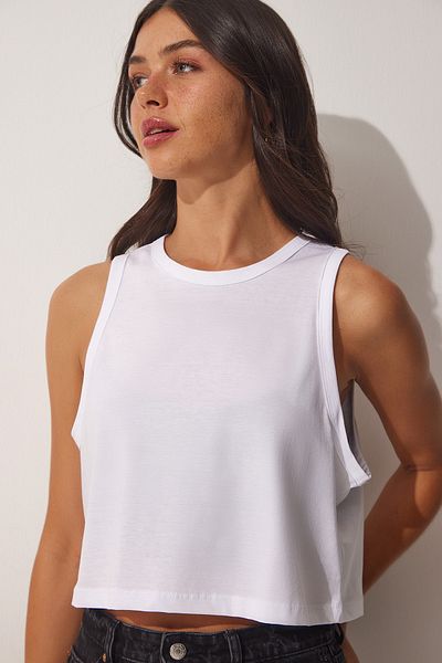 Happiness İstanbul Dámské bílé tričko Cotton Halter Collar Crop UB00097