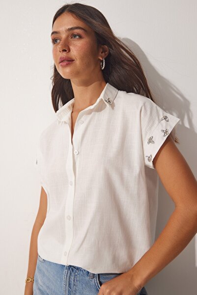 Happiness İstanbul Cămașă de in detaliată Crystal Stone de damă alb DE00027