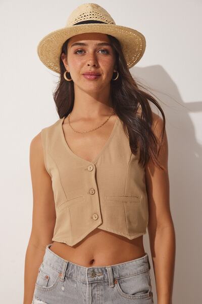Happiness İstanbul Women's Biscuit V-Neck Linen Vest HF00436