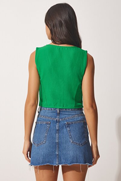 Happiness İstanbul Women's Green V-Neck Linen Vest HF00436