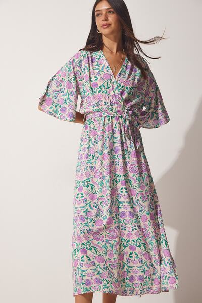 Happiness İstanbul Women's Cream Pink Floral Slit Wrap Viscose Dress DK00162