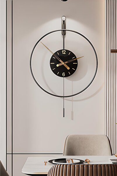SEVİNÇ KONSEPT Izmir Elit Time 60 Cm Siyah, Modern Dekoratif Sarkaçlı Metal D...