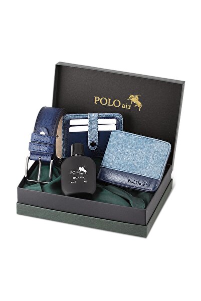 Polo Air Kutulu Spor Erkek Cüzdan Kemer Kartlık Parfüm Seti Mavi Renk