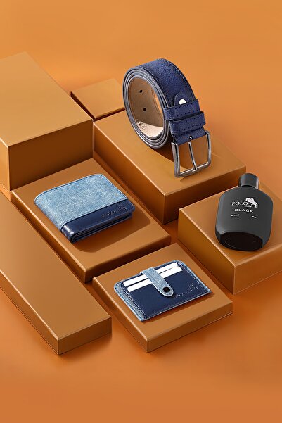 Polo Air Kutulu Spor Erkek Cüzdan Kemer Kartlık Parfüm Seti Mavi Renk