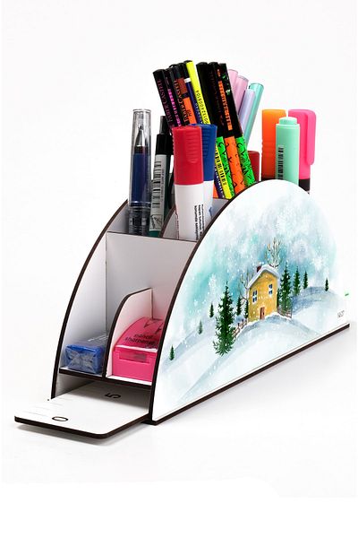 kutuTR Wooden Vip Landscape Rainbow Ruled Desktop Pen Holder Organizer with Assembled Box