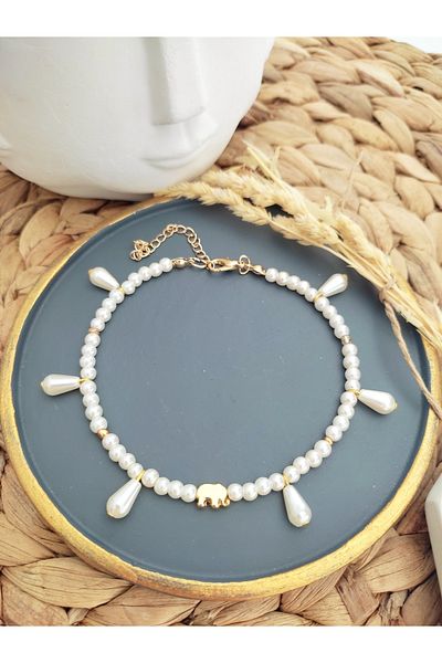 HALHALMILL Anklet with Glass Pearl and Elephant Apparatus