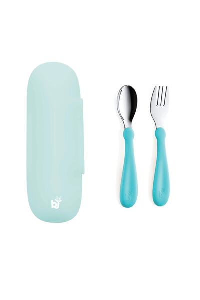 Babyjem حاوية تخزين ملعقة شوكة باللون الأخضر + طقم ملعقة شوكة من الفولاذ المق...
