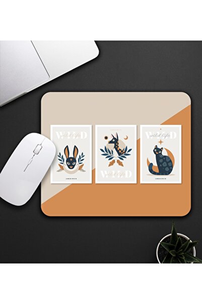 Beige And Orange Deer And Cat Motif Mouse Pad 23x19cm Mouse Pad Anti-Slip Base De591