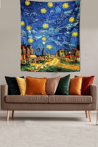 on the clouds Starry Nights Village Houses Van Gogh Stain Resistant Fabric Wall Cloth Wall Tapestry Tapestry