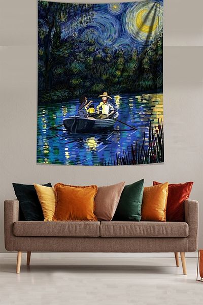 on the clouds Van Gogh in Boat in Starry Nights Stain Resistant Fabric Wall Cloth Wall Carpet Tapestry