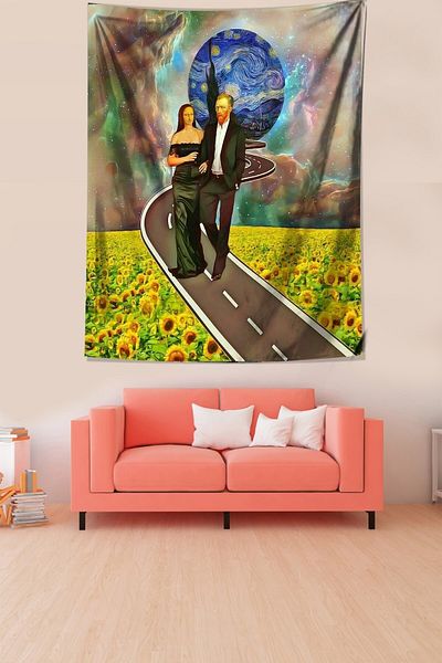 on the clouds Van Gogh And Mona Lisa Sunflower Stars Stain Resistant Fabric Wall Cloth Wall Carpet Tapestry