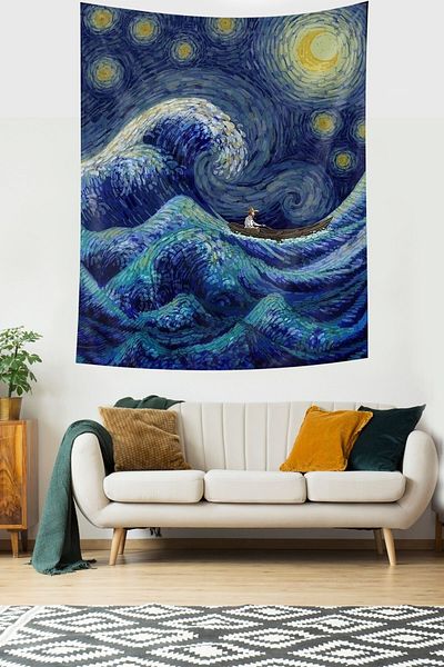 on the clouds Van Gogh pe un barcă în nopți înstelate Tapiserie de perete din țesătură rezistentă la pete Tapiserie