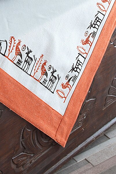 ÖDEL HOME Buldan Fabric Bordered Stone Printed Ethnic Patterned Tablecloth