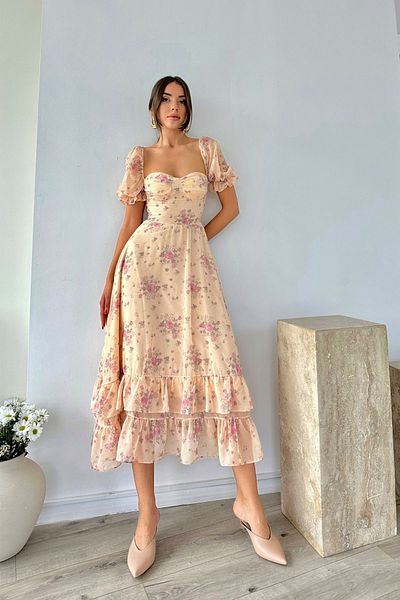 Seda Yalçın Atelier Beige Floral Lined Chiffon Dress