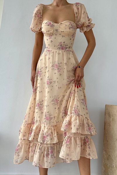 Seda Yalçın Atelier Beige Floral Lined Chiffon Dress