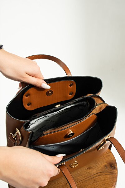 By Hakan Sn 1324 Women's Handbag Shoulder Bag Handbag 3 Compartments Tan