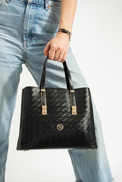 By Hakan Sn 1324 Γυναικεία τσάντα ώμου Τσάντα χειρός 3 θέσεων Κροκόδειλος-μαύρο