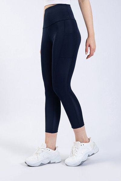 The Step Sports Colanți pentru femei Spocket, albastru marin, cu buzunar, cu talie înaltă, dresuri yoga 21 inchi