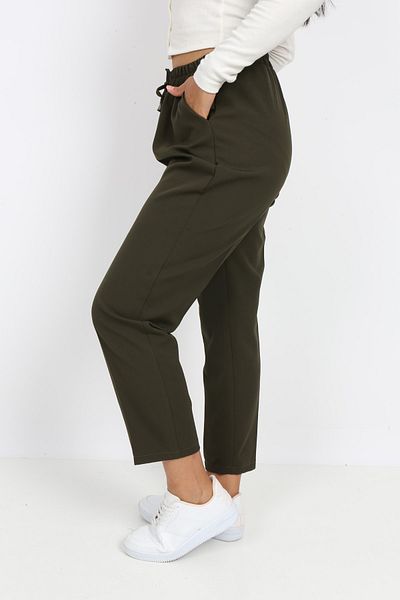 Transacoustic Women's Khaki Double Fabric Elastic Waist Slim Leg Trousers
