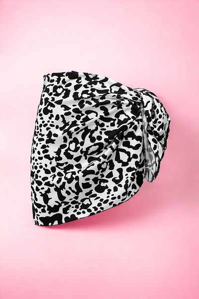 pistore Black and White Leopard Print Short Pareo Satin No Sheer Women's Beach Dress New Season