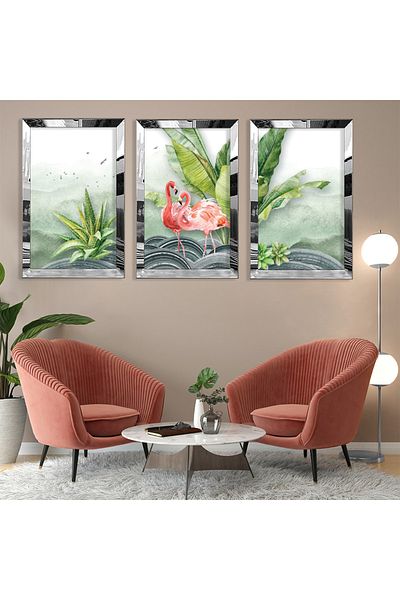 Zevahir Mobilya Dekorasyon Set de picturi din MDF triplu abstract cu model flamingo cu cadru din plexiglas cu oglindă argintie