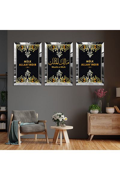 Zevahir Mobilya Dekorasyon Set de picturi din MDF triplu religios Malikül Proprietate cu cadru din plexiglas cu oglindă argintie