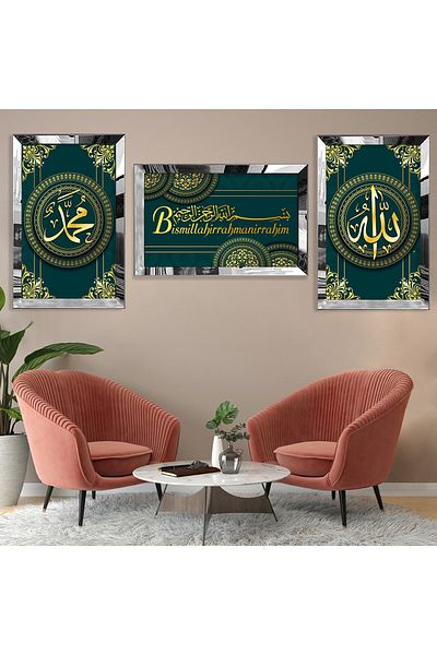 Zevahir Mobilya Dekorasyon Set de masă din MDF triplu Besmele cu cadru din plexiglas cu oglindă argintie