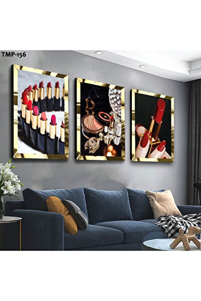 Zevahir Mobilya Dekorasyon Gold Mirrored Plexiglass Framed Lipstick Triple Md...