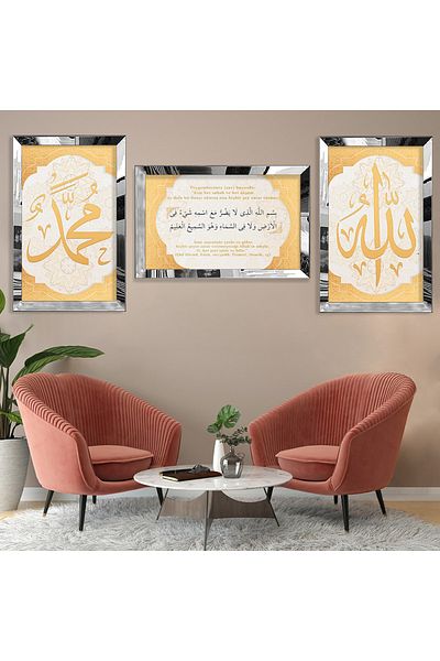Zevahir Mobilya Dekorasyon Set de picturi din MDF triplu religios Hadis cu cadru din plexiglas cu oglindă argintie