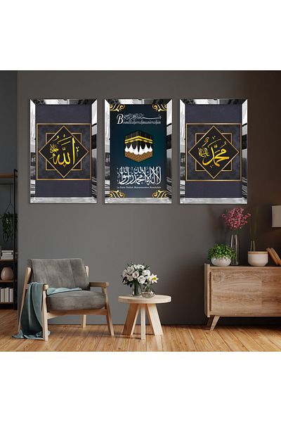 Zevahir Mobilya Dekorasyon Set de picturi din MDF triplu cu cadru din plexiglas cu oglindă argintie Kaaba și Allah Hz Muhammad