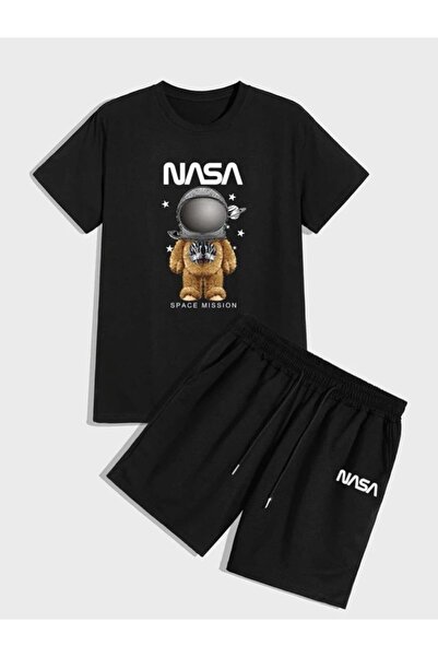 NO 601 تيشيرت تيدي بير ناسا واسع المقاس باللون الأسود كبير الحجم وسروال قصير ...