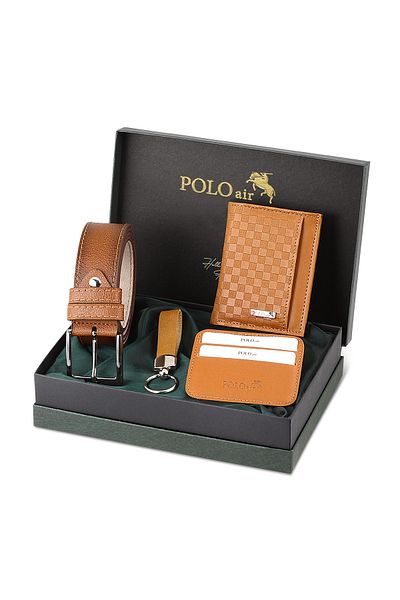 Polo Air Checkerboard Pattern Wallet, Card Holder, Belt Keychain, Combination Tan Set