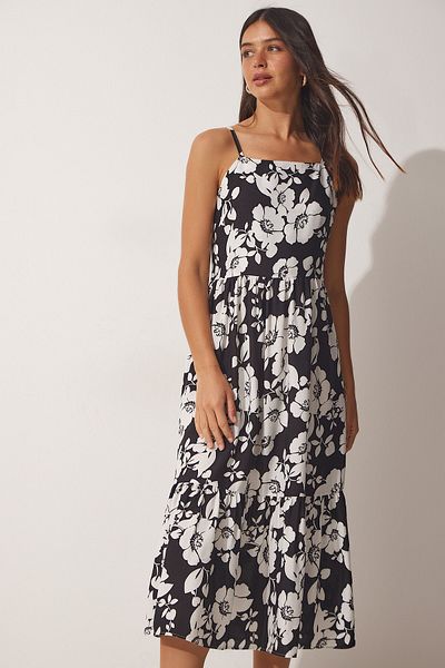 Happiness İstanbul Women's Black and White Halter Neck Summer Viscose Dress YU00001