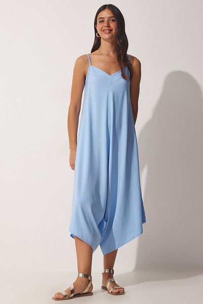 Happiness İstanbul Women's Sky Blue Strappy Oversize Flowing Baggy Jumpsuit ZH00031