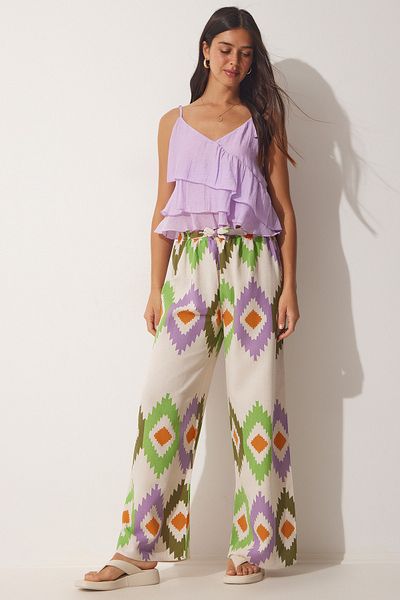 Happiness İstanbul Women's Green Cream Floral Linen Palazzo Trousers BH00385
