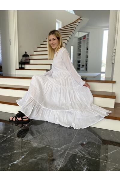 Bohemian Kadın Beyaz Uzun Kollu Tam Kloş Keten Elbise