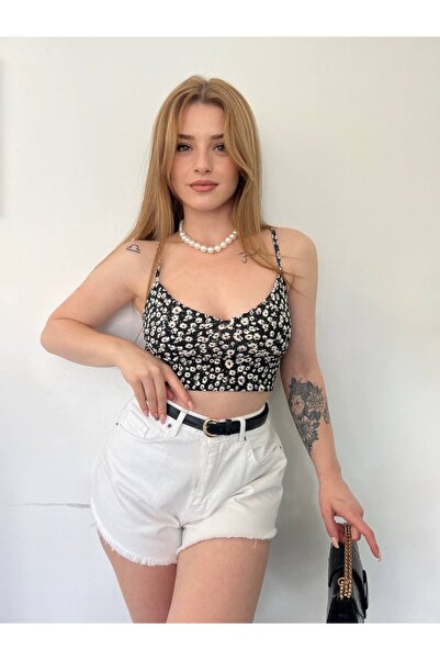 Fav Style Γυναικείο λουράκι με λουλουδάτο μοτίβο Crop Top Μπλούζα Μαύρη