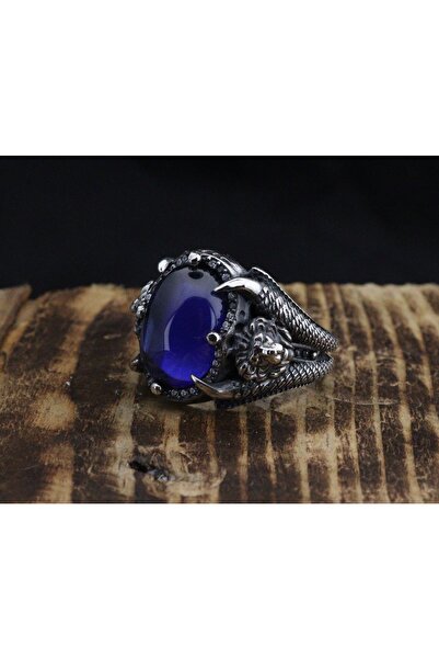 byozcansilver 925 Ayar Pençe Aslan Başlı Safir Taşlı Yüzük
