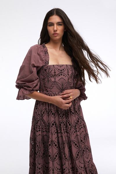 By Mare Style Pure Cotton Long Plum Color Patterned Guipure Dress