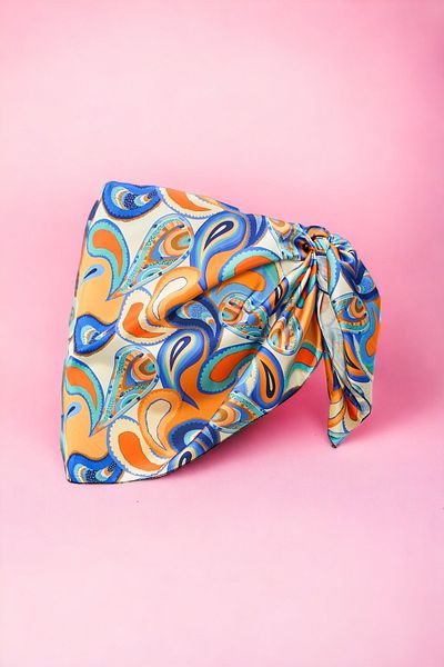 pistore Orange Blue Ethnic Patterned Short Pareo Satin No Sheer Women's Beach Dress New Season